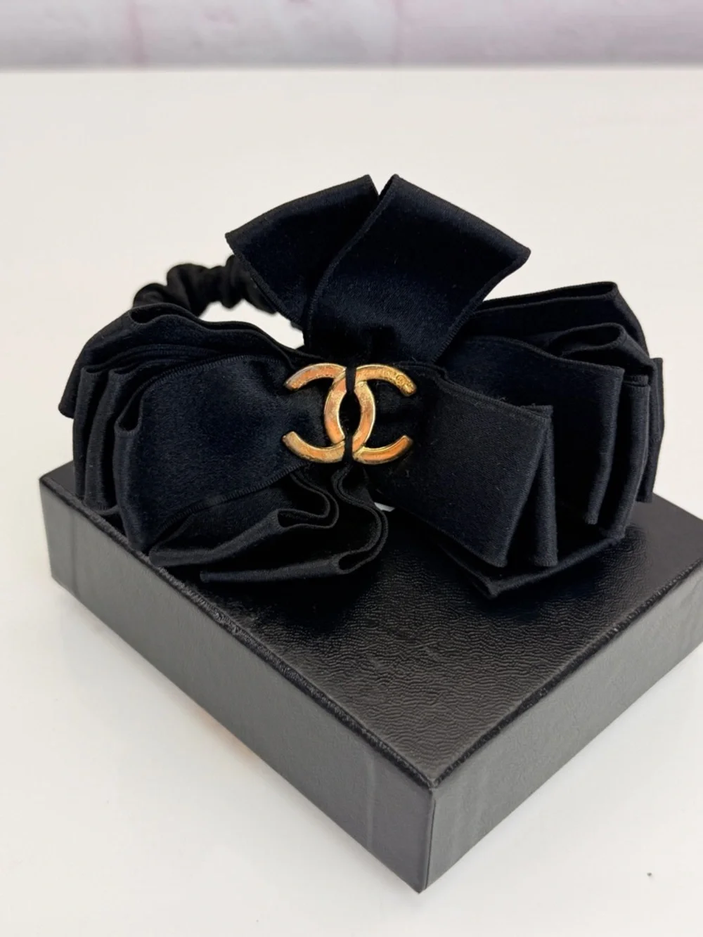 Rare Vintage Chanel Black Satin Bow Hair Scrunchie with Gold CC Accent